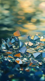 Iridescent glass shards cluster over blurred cyan bokeh field