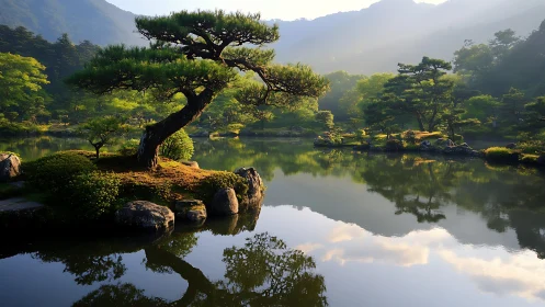 Sunlit zen garden pond rests beneath misty mountain slopes