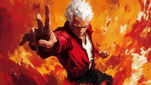 White haired anime fighter reaching forward through fire.