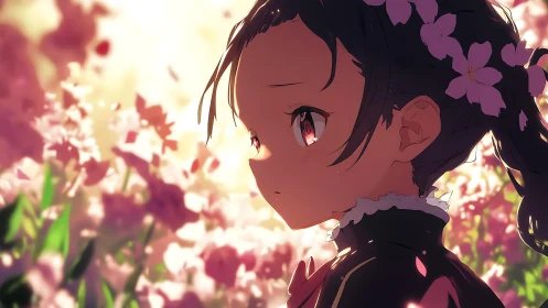 Anime girl in dark dress within dense pink flower field.