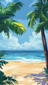 Tropical beach vista rendered with digital illustration: palm fronds, azure ocean, volumetric clouds