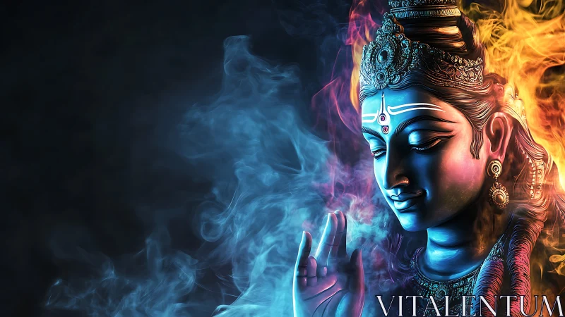Divine blue deity portrait merges cool smoke and warm fire