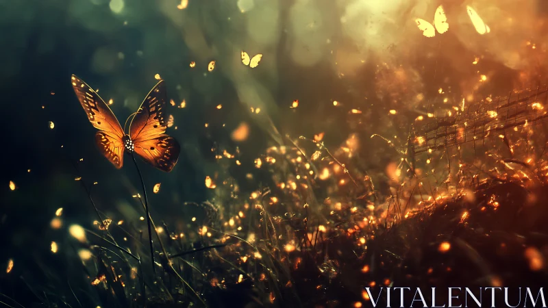 Glowing Monarch Butterfly in Dreamy Meadow at Sunset, Digital Art.