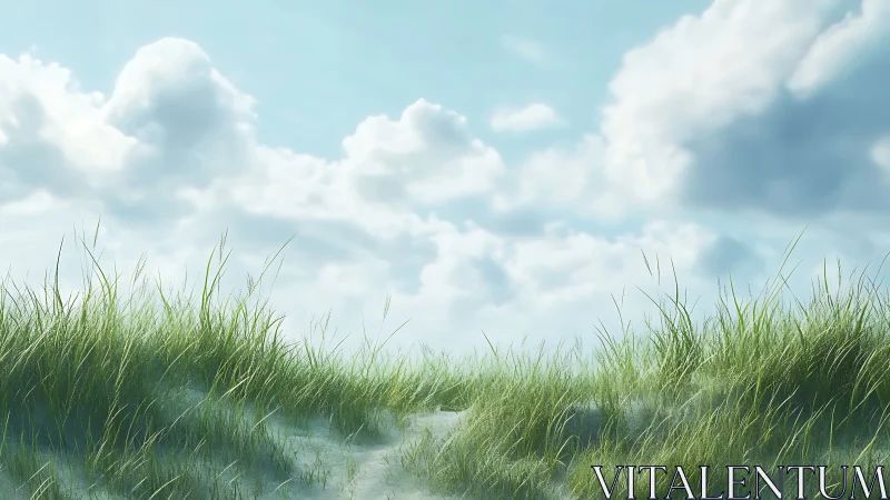 Soft coastal dunes rest beneath drifting summer clouds.