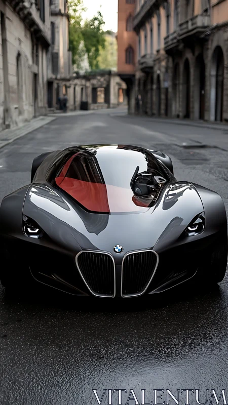 Futuristic BMW supercar stands on wet deserted city street