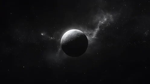Lunar hemisphere in stark monochrome deep space field.