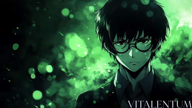 Brooding anime strategist bathed in electric emerald light.