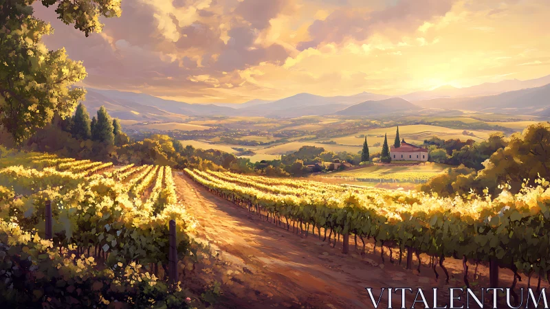 Sunlit vineyard rows lead toward distant hills and farmhouse