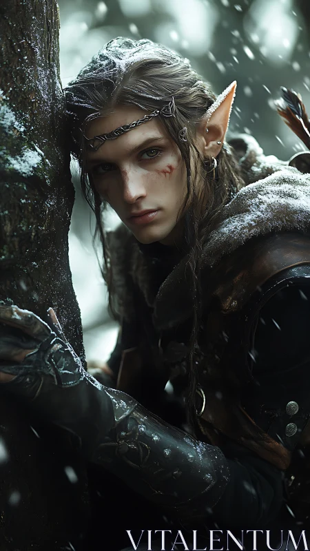 Silent winter elf scout resting between drifting snows.