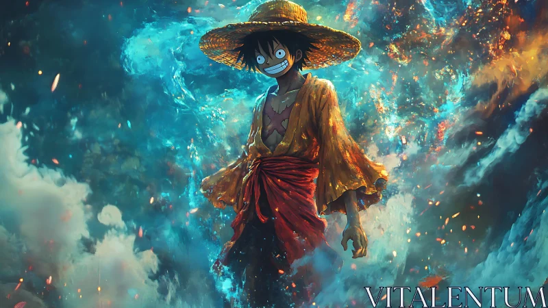 Straw hat pirate strides through swirling ocean firestorm