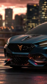 Electric teal concept car at sunset on wet city street.