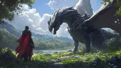 Human figure facing large dragon in bright river valley.