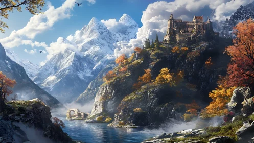 Sunlit mountain castle above a misty autumn river valley.