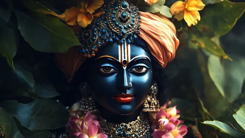 Ornate blue-faced deity portrait rendered in lush floral framing