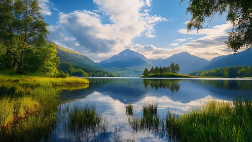 Peaceful mountain lake with sunlit island and soft reflections.