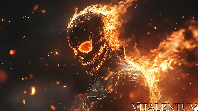 Flaming skull figure in leather jacket on dark background.