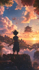 Warrior overlooks floating temple at radiant cloud sunset