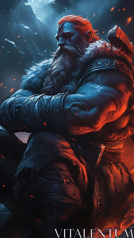 Frostfire warlord broods between embers and glacier winds.