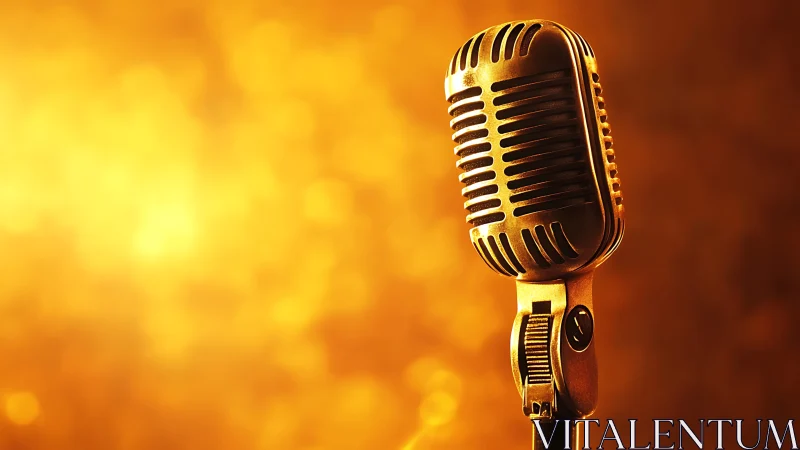 Vintage gold microphone against glowing bokeh stage