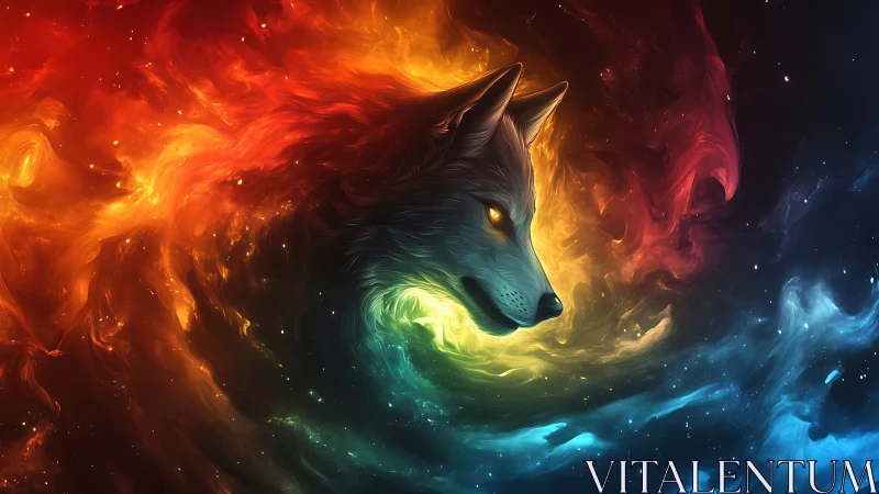Cosmic wolf portrait in swirling chromatic nebula field.