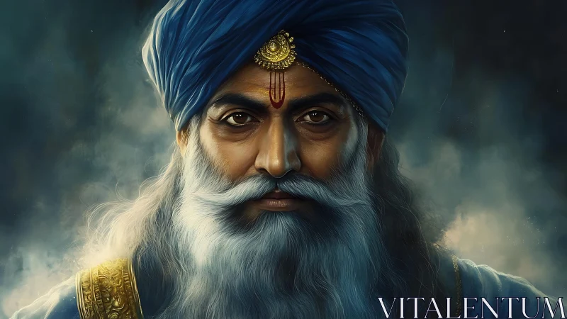 Stormlit turbaned elder studies the viewer with calm fire