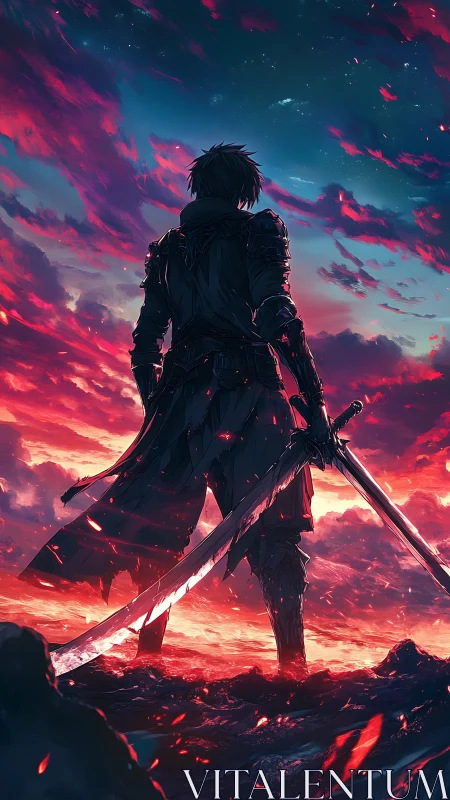 Lone swordsman welcomes the dawn in glowing crimson skies.