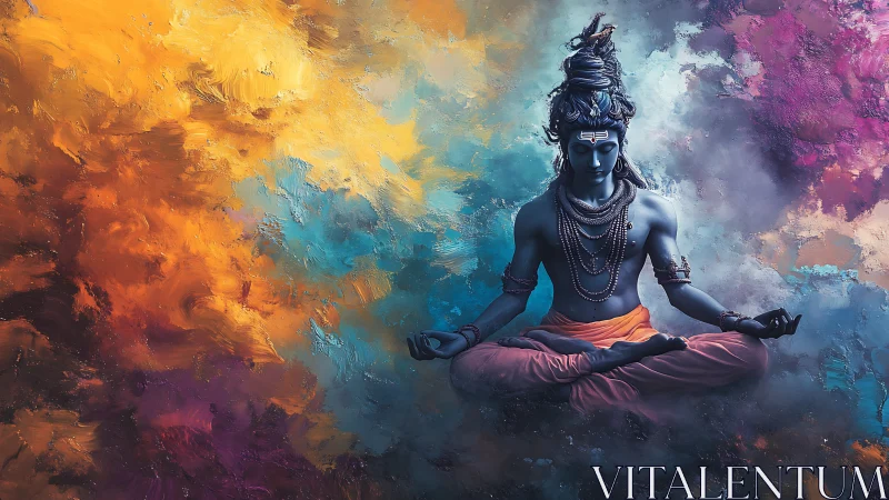 Cosmic blue deity meditating amid nebula-like colors.