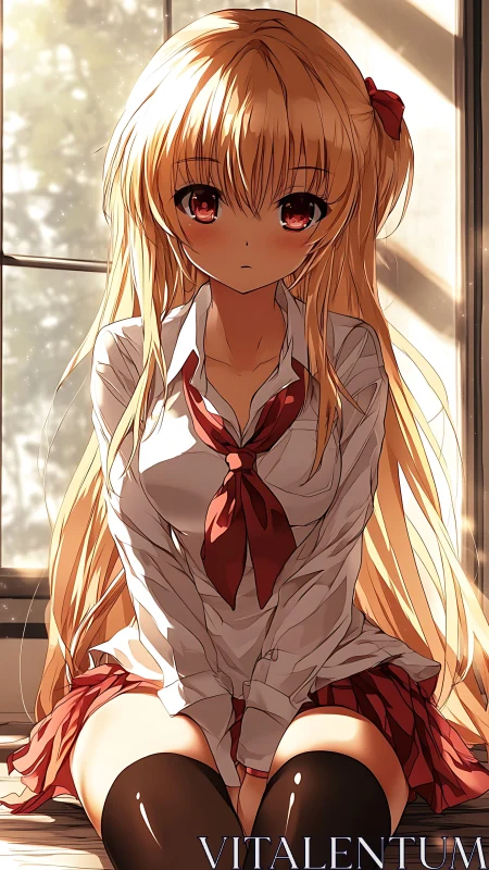 Anime schoolgirl portrait in warm backlit window composition.