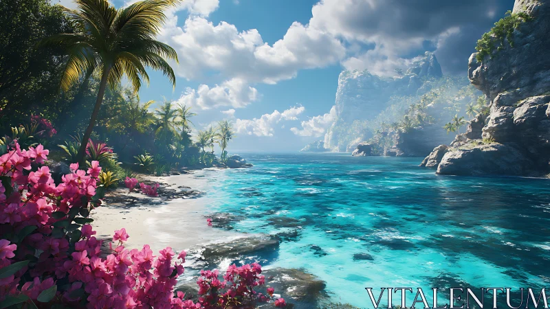 Bioluminescent Lagoon with Towering Cliffs and Vibrant Pink Blooms.