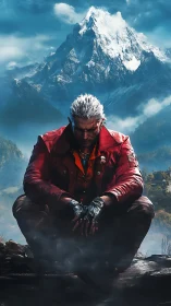 Solitary figure sits before distant snow-covered mountain peak