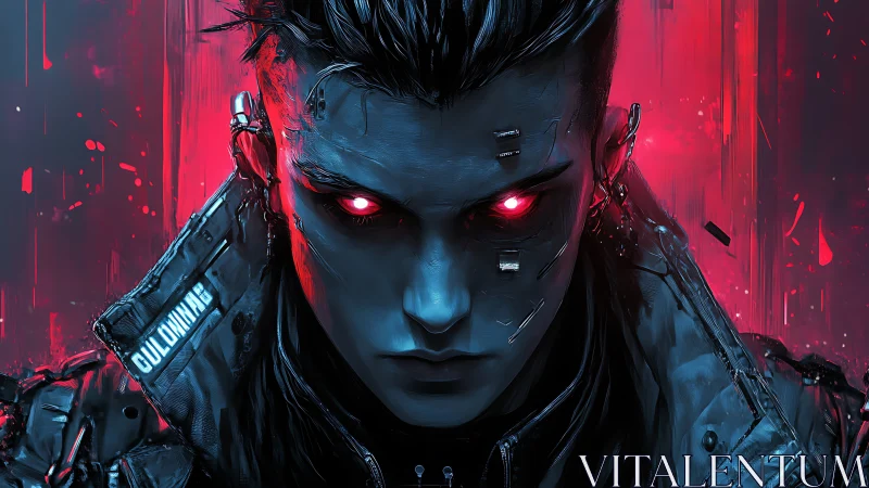 Cybernetic enforcer portrait with neon red bokeh and implants