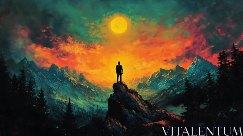 Silhouetted traveler contemplates a blazing cosmic mountain sky