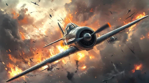 Propeller fighter aircraft in dense aerial combat scene.