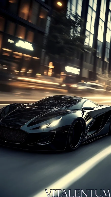 Midnight gloss hypercar on blurred urban boulevard sprint