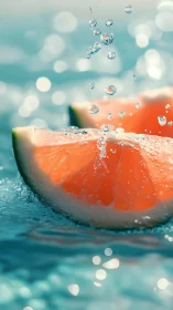 Juicy grapefruit slice splashing in cool sparkling water.