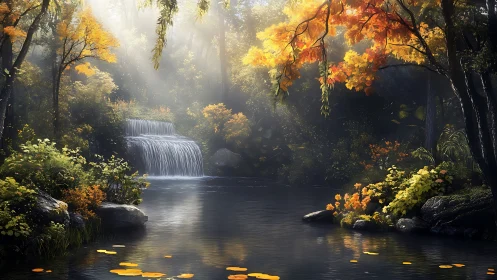 Forest waterfall pool with autumn foliage in soft daylight.