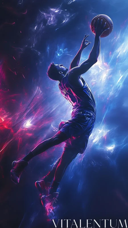 Basketball player soars through neon cosmic energy field.