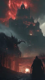 Dark knight confronts demonic citadel beneath burning sky.
