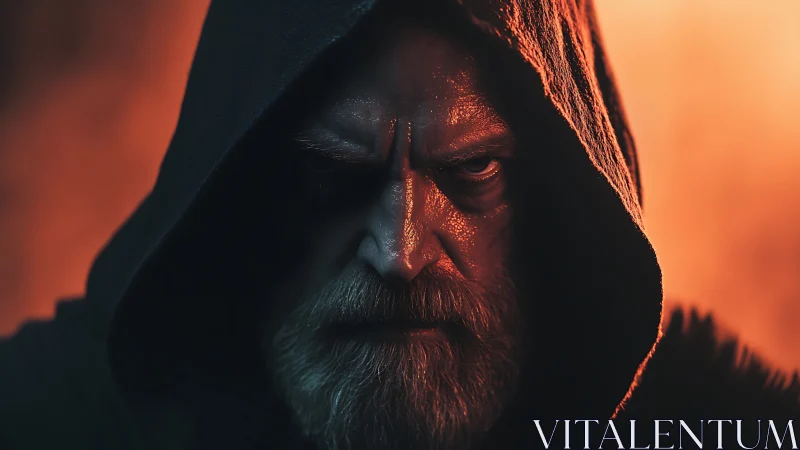 Brooding hooded warrior in fiery cinematic close-up portrait.