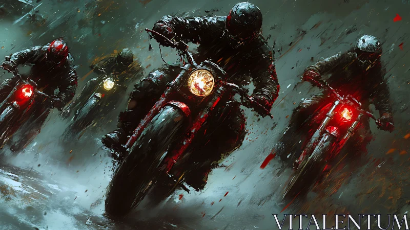 Stormlit riders carve fire through the rain-slashed night.