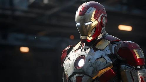 Battleworn red gold powered armor suit with illuminated arc core