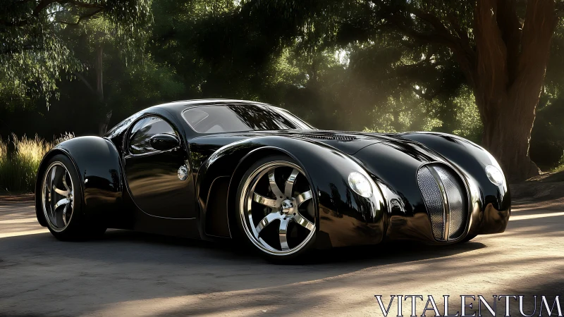 Curvy black supercar resting under soft forest sunlight.