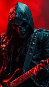Hooded skull guitarist unleashes a sinister red stage aura