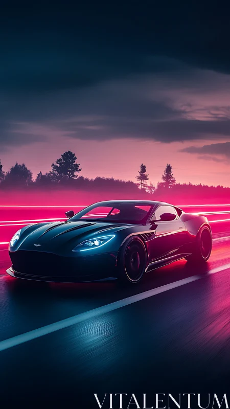 Sports car moves along neon lit highway at dusk