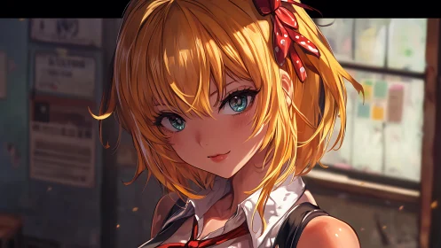 Sunlit anime schoolgirl with teal eyes in warm studio glow.