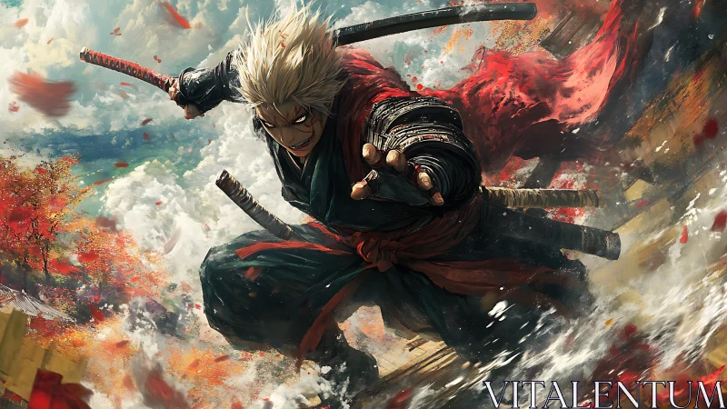 Battle-ready anime swordsman lunges through swirling chaos.