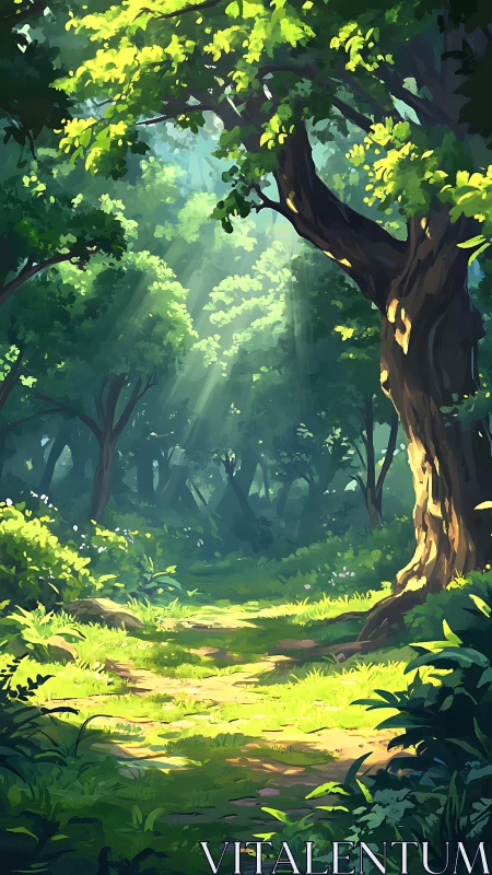 Forest clearing beneath large tree with yellow-green foliage and layered vegetation