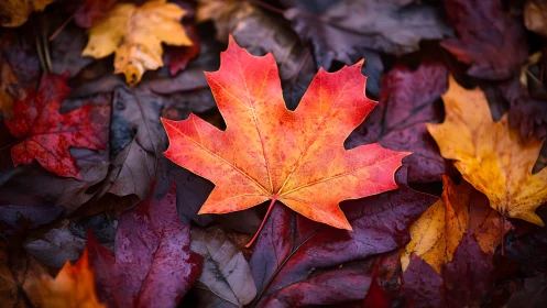 Flaming maple leaf crowned amid autumn&rsquo;s dusky carpet.