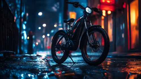 Electric bike glows under neon lights on rainy city street.