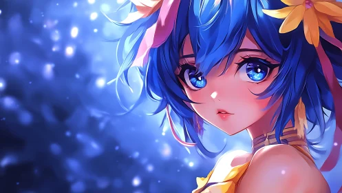 Blue haired anime girl with glowing eyes at night.